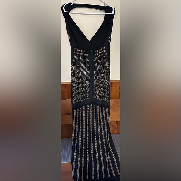 NO BRAND SHOWN, size XL, navy blue with gold studs, halter, maxi dress. - Picture 3 of 7